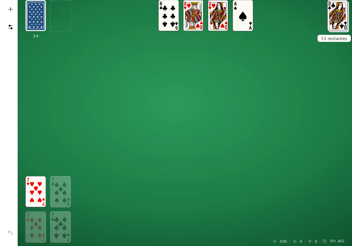 Canfield Solitaire sur tablette à l’horizontale : la même donne au départ, avec plus de tapis autour de la réserve, des fondations et des quatre colonnes.