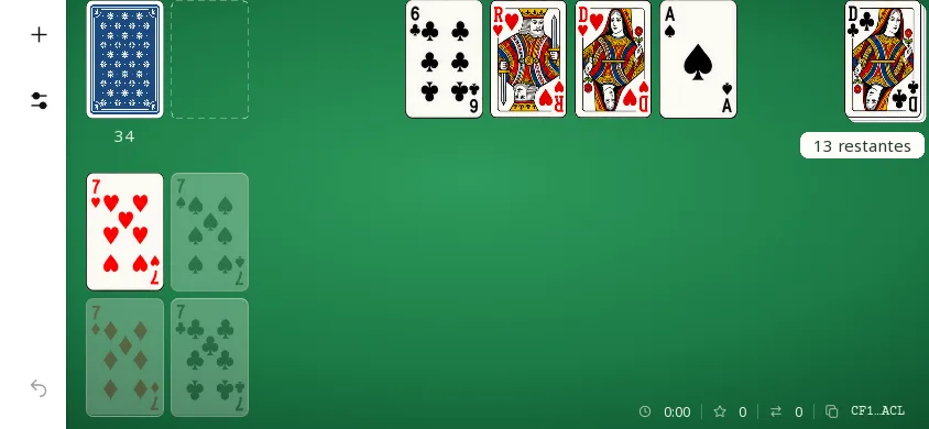 Canfield Solitaire sur téléphone tenu à l’horizontale, début de la donne CF1-D3-AAAAACL sur le tapis vert : la réserve avec la dame de trèfle sur le dessus et l’indication « 13 restantes », le 7 de cœur posé sur la première fondation, les trois autres fondations vides où un 7 estompé rappelle la carte attendue, quatre colonnes d’une carte (6 de trèfle, roi de cœur, dame de cœur, as de pique), la pioche face cachée ; le temps, le score et le nombre de coups à zéro.